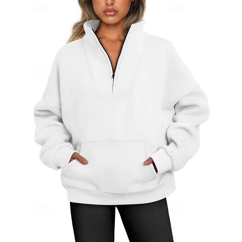 Women's Pullover Hoodie Sweatshirt Plain Streetwear Casual Long Sleeve High Neck Regular Tops Street Going out Half Zipper Quarter Zipper Zipper Pocket Black White Beige Light Blue Fall Winter3