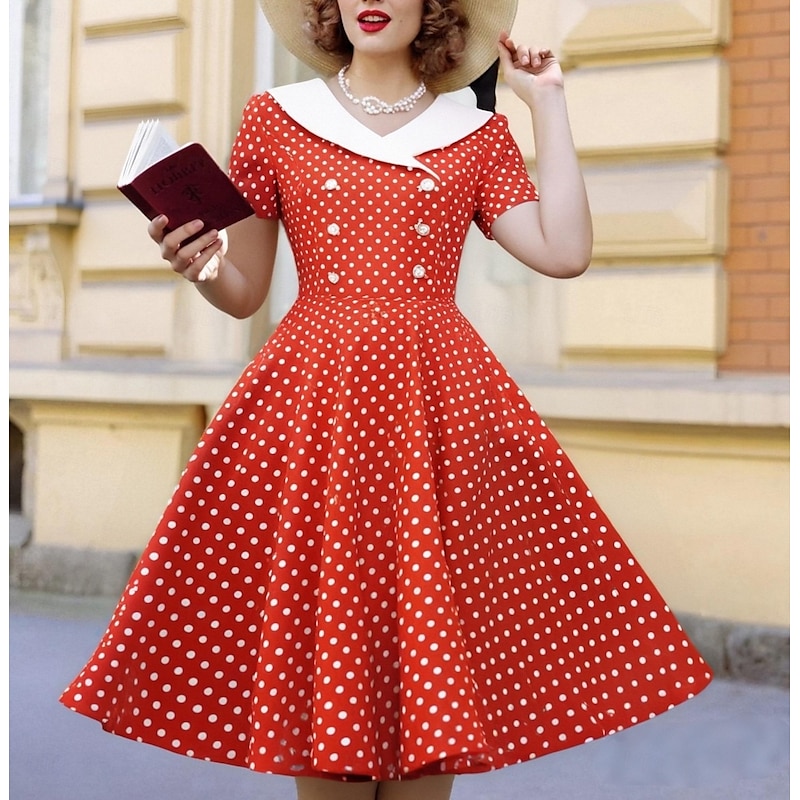 Retro Vintage 1950s Rockabilly Knee Length Dress Swing Dress Flare Dress Normal Polka Dot A-Line V Neck Fancy Dress Women's Carnival New Year Masquerade Daily Wear Tea Party Retro Theme Party Adults' - Main Image