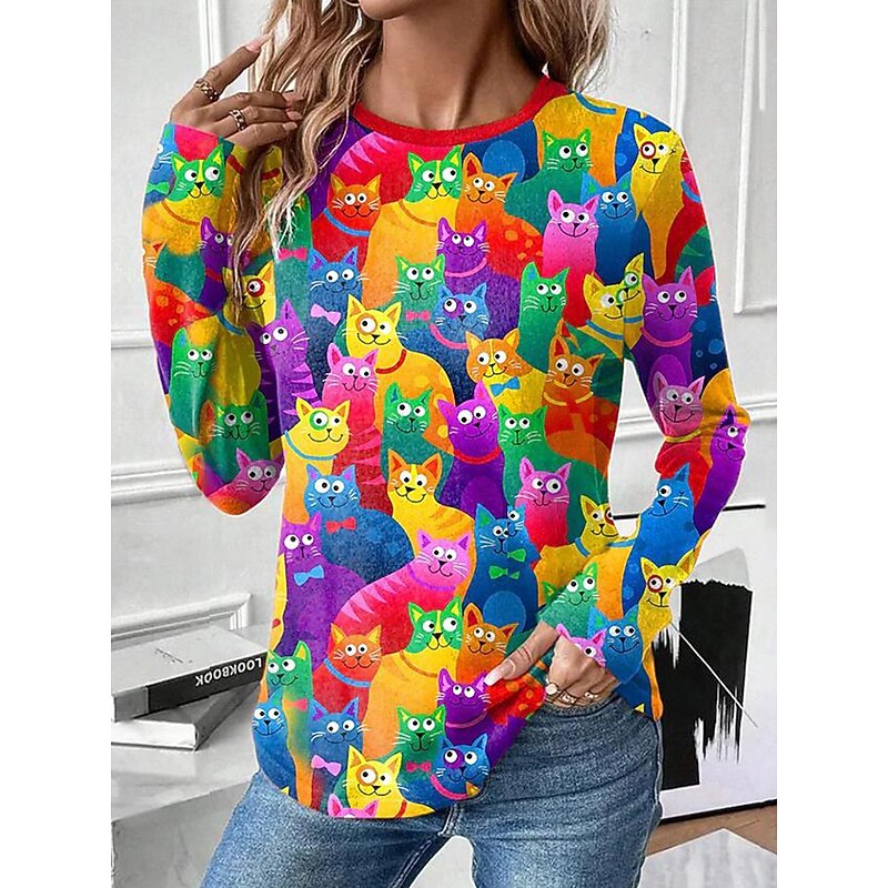 Women's T shirt Long Sleeve Crew Neck Long Sleeve Tunic Graphic Animal Vintage Stylish Modern Regular Tops Daily Print White Yellow Rainbow Fall Prefall2