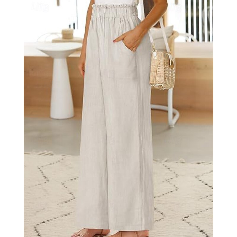 Women's Wide Leg Slacks Streetwear Casual Full Length Natural Plain Pocket Elastic Waist Comfortable Street Holiday Daily Wear Apricot Black Khaki Fall Regular Fit3