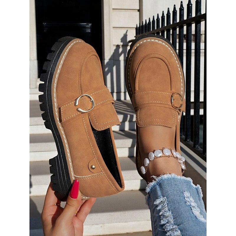 Women's Beige Suede Lug Sole Loafers – Casual Slip-On Platform Shoes with Gold Buckle for Work, Travel, and Weekend Outfits3