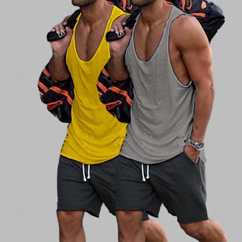 2 Piece  Men's Tank Top Vest Top Undershirt Sleeveless Shirt Sleeveless Crew Neck Scoop Neck Summer Solid Color Plain Fashion Sporty Casual3