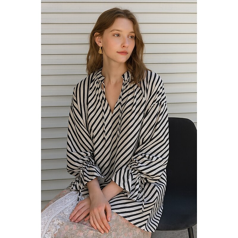 Women's 100% Cotton Shirt Striped Elegant Bohemia Vintage Long Sleeve Lantern Sleeve V Neck Long Tops Work Daily Holiday Stripe Summer Spring Fall