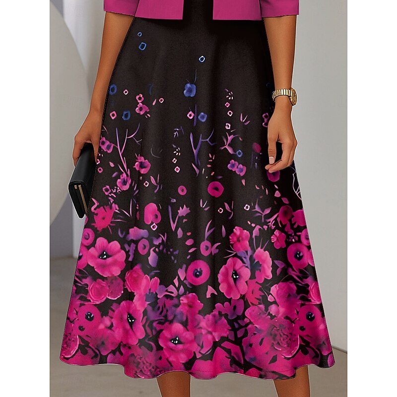 Women's Two Piece Dress Sets Midi Dress with Jacket Elegant A Line Dress Half Sleeve Party Ombre Floral Print Crew Neck Daily Yellow Red Blue Spring Fall Regular Fit3