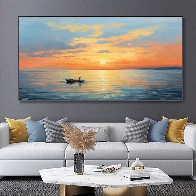 Hand-Painted Artwork Serene Sunset Seascape Canvas Oil Painting Calm Lake With Boat Abstract Sky Mural Living Room Home  Decor Housewarming Gift Rolled Frameless Unstretched Painting4