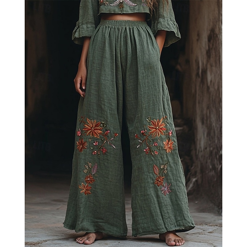 Women's Wide Leg Pants Trousers Palazzo Pants Fashion Boho Full Length High Waist Flower Elastic Waist Print Breathability Comfortable Street Daily Wear Going out Army Green Spring Fall Regular Fit