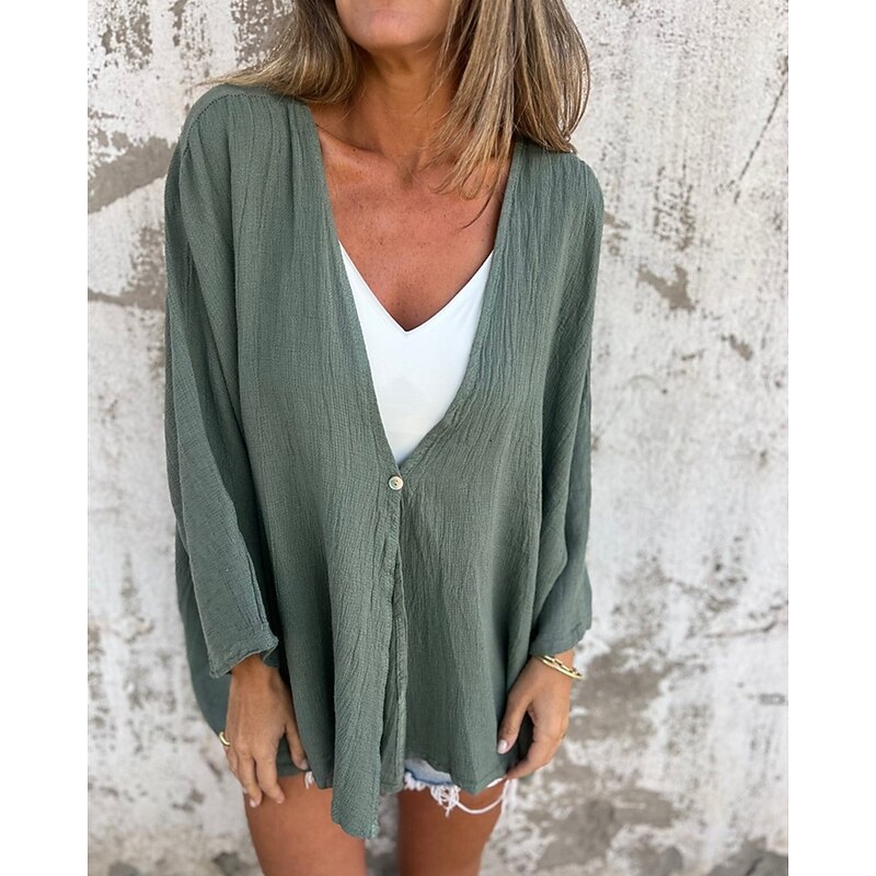 Women's Shirt Texture Blouse Cotton Linen Shirt Plain Stylish Modern Long Sleeve V Neck Regular Tops Daily Holiday Buttons Black Camel Brown Green Beige Spring Fall4