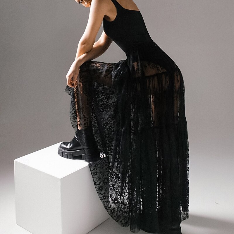 Women's Skirt A Line Swing Elegant Vintage Sexy Long Maxi Mid Waist Skirts Lace Ruffle Patchwork Inelastic School Performance Black Spring, Fall, Winter, Summer Nylon3