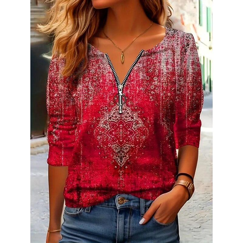 Women's T shirt Long Sleeve Quarter Zip Long Sleeve Casual Graphic Color Gradient Abstract Bohemia Vintage Stylish V Neck Regular Tops Daily Red Fuchsia  Spring Prefall2