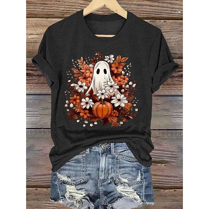 Halloween Women's T shirt Ghost Graphic Vintage Stylish Classic Short Sleeve Crew Neck Regular Tops Daily Weekend Print Black White Orange Green Summer Spring Fall3