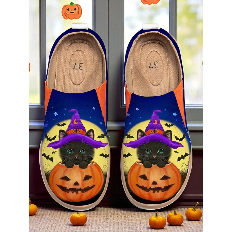 Boo by Kayomi Harai Women's Halloween Slip-On Shoes with Cat & Pumpkin Print – Wide Toe Casual Loafers for Fall Parties, Trick-or-Treating & Holiday Outfits