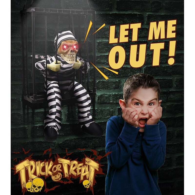 Screaming Animated Halloween Decorations, Halloween Decor Prop with Motion Sensor, Scary Skull Cage Prisoner Haunted House Decor, Spooky Hanging Ghost Light Up Eyes Decorations4