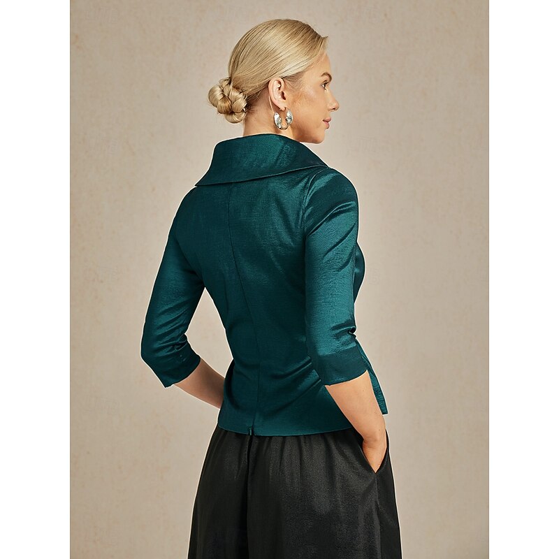 Women's Blouse Evening Tops Elegant Metallic Stylish 3/4 Length Sleeve V Neck Regular Tops Wedding Guest Evening Party Semi Formal Tie Front Emerald Green Spring, Fall, Winter, Summer2