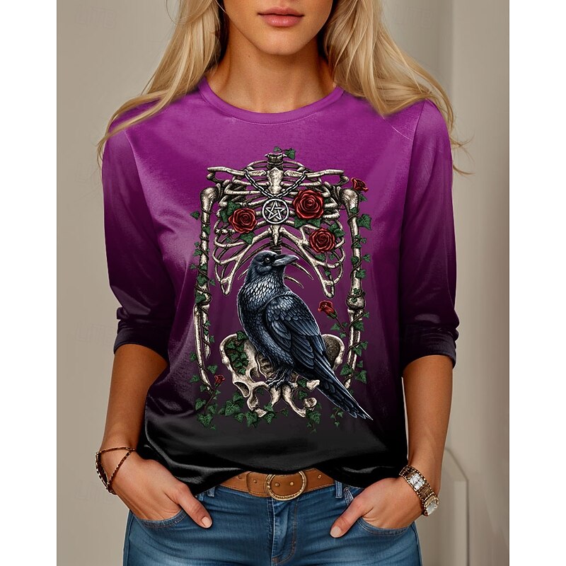 Rose By Sarah Richter Halloween Women's T Shirt Skulls Crew Neck Long Sleeve Tunic Graphic Vintage Stylish Classic  Regular Tops Daily Print4