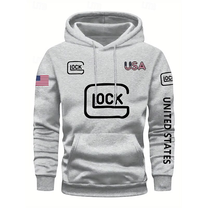 Men's Hoodie Black Light Grey Hooded Letter American Flag Pocket Drawstring Front Pocket Sports & Outdoor Daily Holiday Polyester Streetwear Casual Fall Winter Clothing Apparel Hoodies Sweatshirts