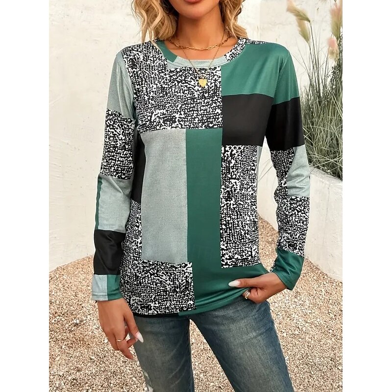 Women's T shirt Long Sleeve Crew Neck Long Sleeve Tunic Graphic Striped Geometry Vintage Stylish Round Neck Regular Tops Daily Print Red Green Gray Fall Prefall3