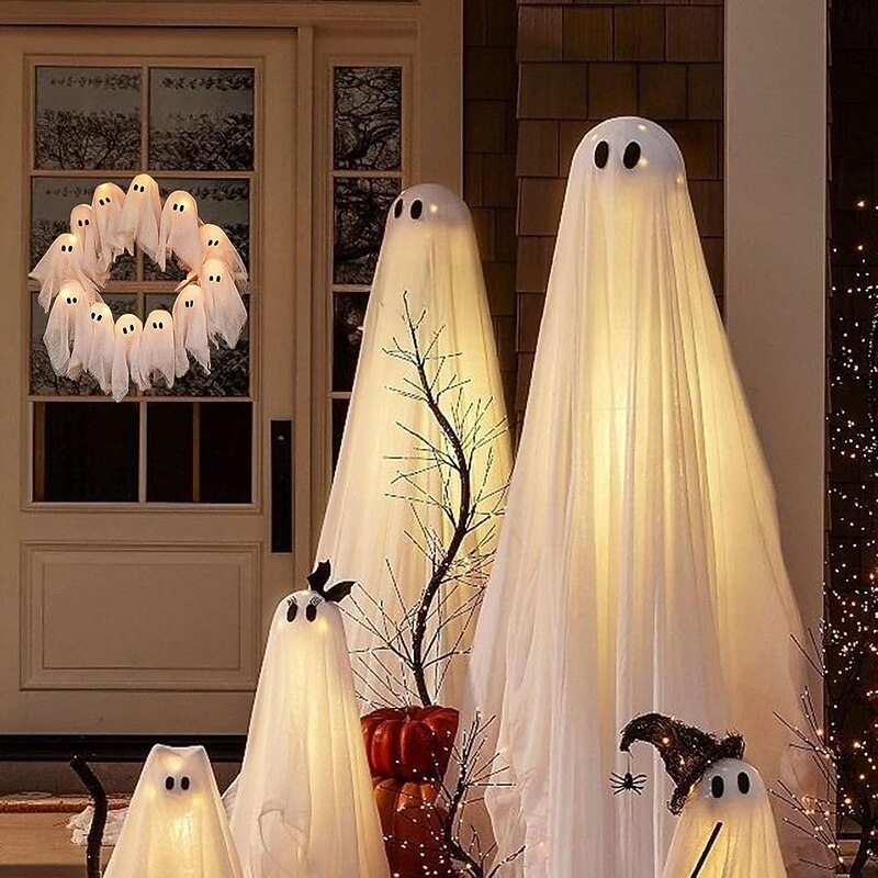 Halloween Ghost Wreath 12 LED Light-Up White Ghost Garland with LED Lights Spooky Indoor & Outdoor Hanging Decoration for Front Door3