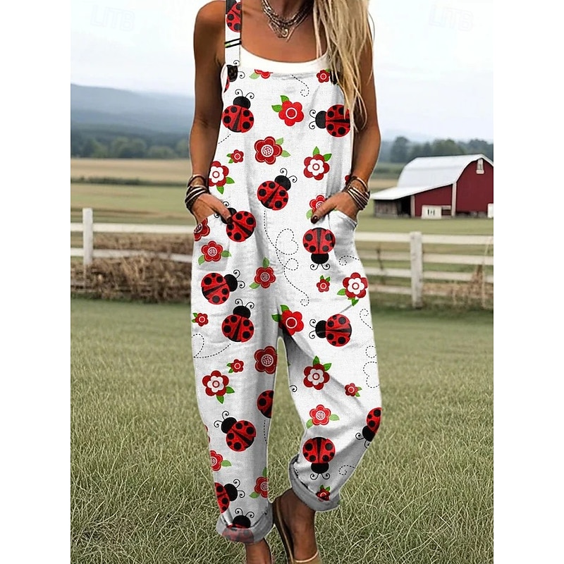 Women's Dungarees Active Animal Sleeveless Sleeveless Wide Leg Pocket Buttons Vacation Street Loose Fit White Red Green Summer3