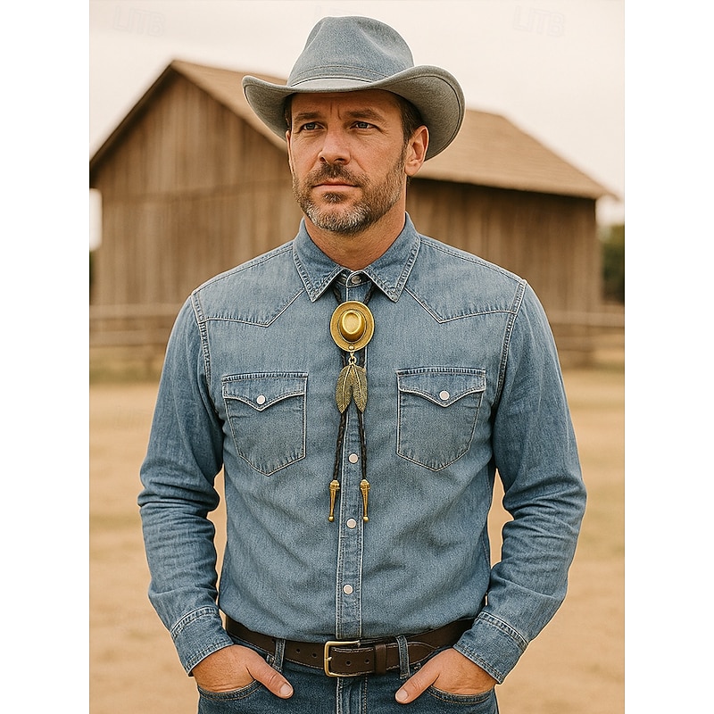 Men's Western Cowboy Hat Bolo Tie – Alloy Feather Pendant Leather Rope Necklace for Rodeo, Country Party & Denim Outfit2