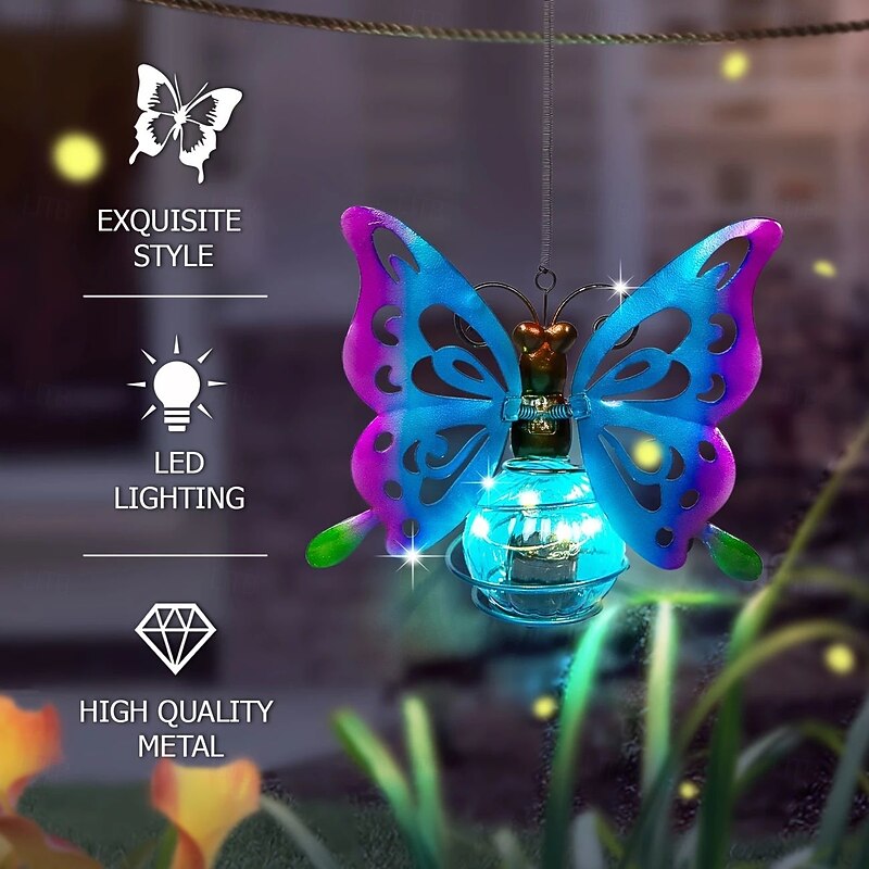 Solar Butterfly Garden Light Home Balcony Outdoor Hanging Light Iron Strap Spring Insect Butterfly Lantern Christmas Best Gift for Courtyard Lawn Porch Decoration for Halloween2
