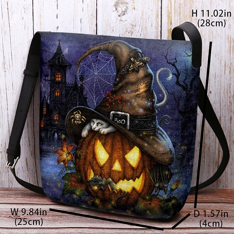 Women's Halloween Pumpkin Crossbody Bag - Witch Hat and Cat Print, Adjustable Strap, Lightweight Flocked Shoulder Bag, Perfect for Holiday Parties and Trick or Treat Events3