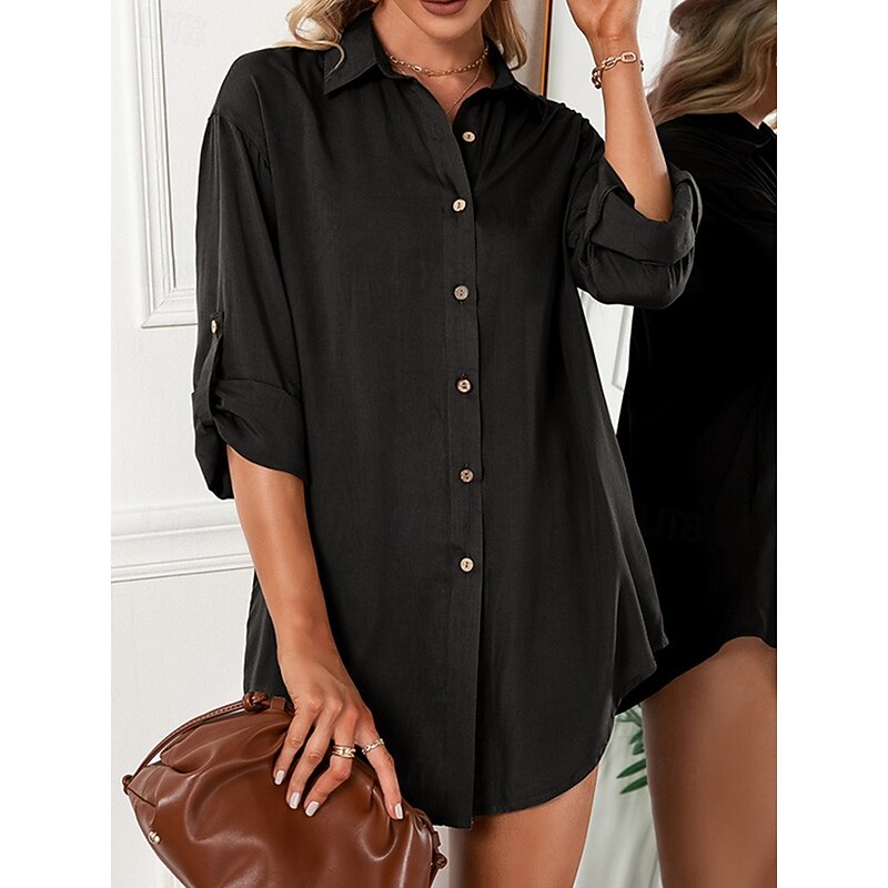 Women's Shirt Texture Blouse Plain Daily Stylish Basic Long Sleeve Shirt Collar Regular Tops Work Daily Holiday Buttons Black White Wine Spring Fall3