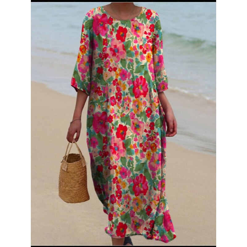 Women's Midi Dress Casual Dress Print Dress Fashion Modern Daily Beach Weekend Regular Fit Floral Color Block 3/4 Length Sleeve Crew Neck Yellow Blue Fuchsia Green Spring Fall Autumn2