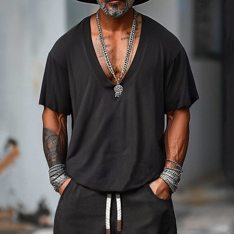 Men's T-shirt Suits 2 Pieces Outfits Tee & Shorts Short Sleeve V Neck Summer Plain Fashion Casual 2 Piece Vacation Daily Wear Going out Black Top Tee for Men2