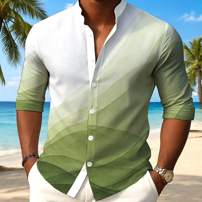 Men's Geometric Gradient Color Shirt Button Up Shirt Stand Collar Shirt Long Sleeve Casual Outdoor Vacation Daily Spring Fall Mandarin Collar Band Collar 3D Print Linen Like Shirt Yellow Pink Blue2