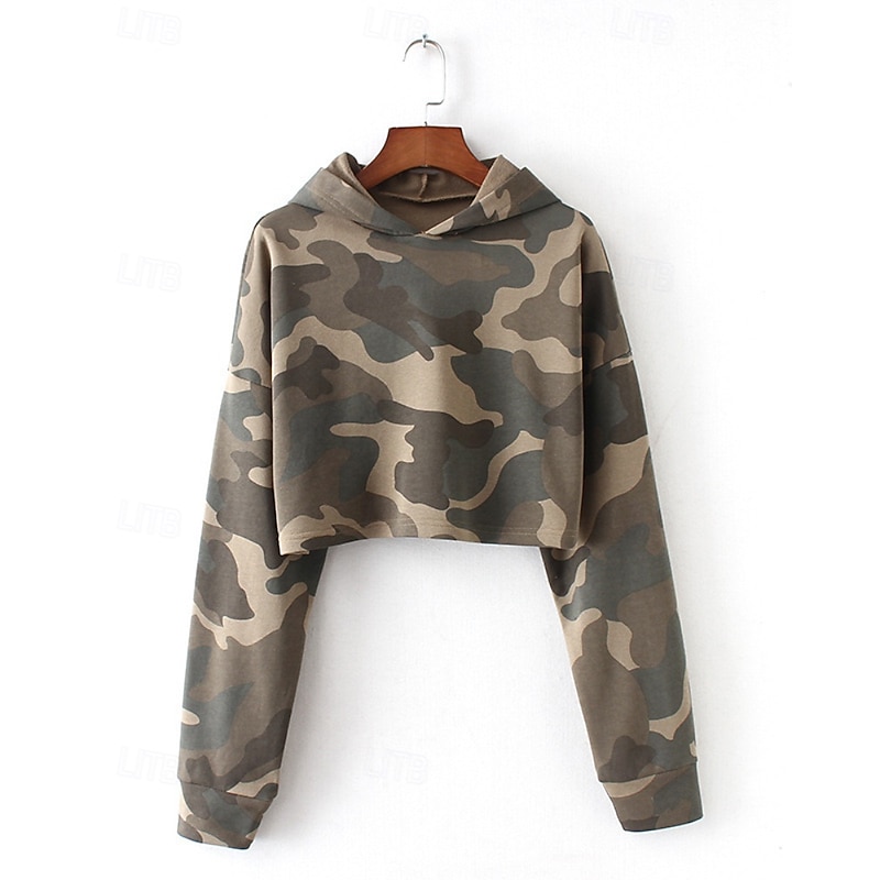 Women's Pullover Hoodie Sweatshirt Camouflage Streetwear Casual Long Sleeve Hooded Regular Tops Street Holiday Print Green Fall Winter