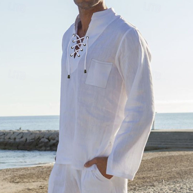 Men's Cotton Linen Shirt White Cotton Shirt Summer Shirt Casual Shirt Plain Casual Daily White Long Sleeve V Neck Spring & Summer Clothing Apparel Drawstring4