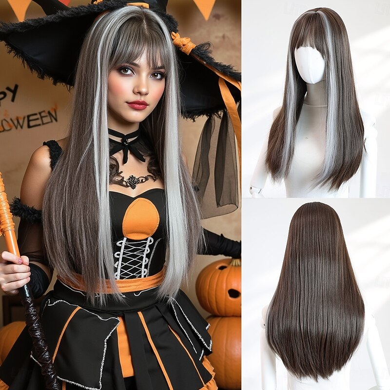 20-Inch Straight Wig for Women – Black and White Highlights, Full Bangs, High-Temperature Synthetic Fiber, Ideal for Halloween, Cosplay, and Daily Wear