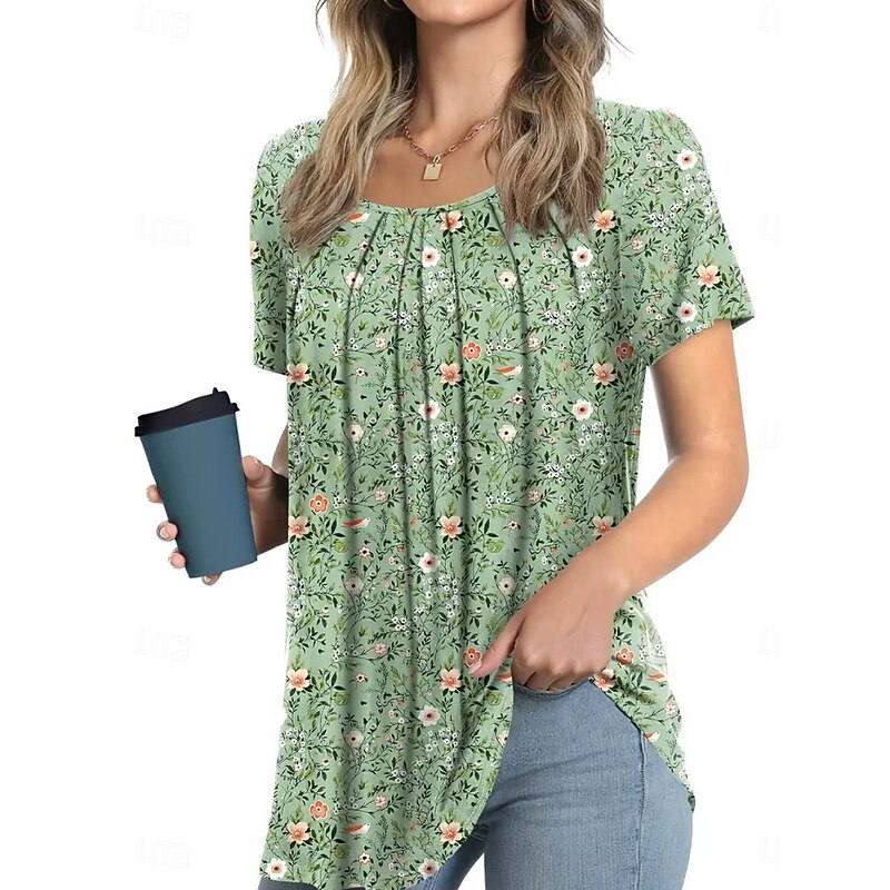 Women's Summer Tops Floral Daily Casual Short Sleeve Crew Neck Regular Tops Daily Print Black Light Green Light Purple Purple Summer3