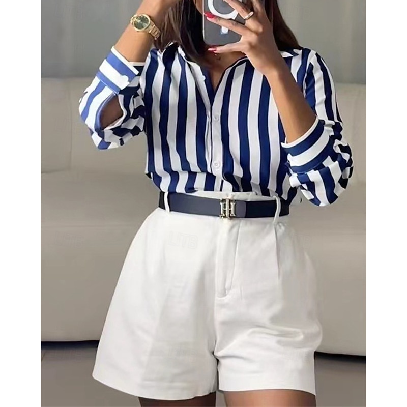 Women's Shirt Summer Tops Striped Daily Stylish Basic Long Sleeve Shirt Collar Regular Tops Work Daily Holiday Buttons Blue Spring Fall