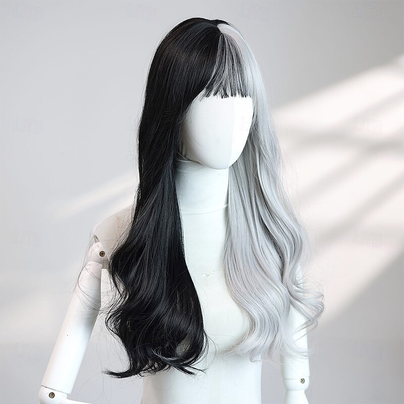 24-Inch Black and Gray Wavy Wig for Women – Fashionable Two-Tone Hair with Bangs, Perfect for Halloween Costumes and Everyday Fashion3