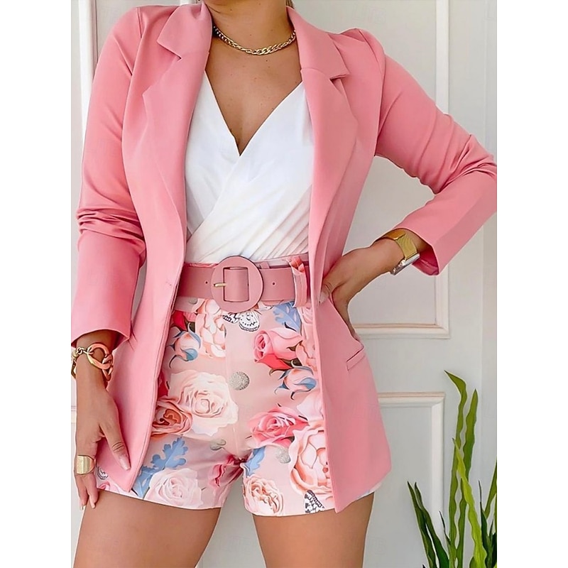 Women's Active Fashion Blazer Blazer Suits Long Sleeve Shirt Collar Solid Color Print Business Wear to work Pink Army Green Red Summer Regular Fit