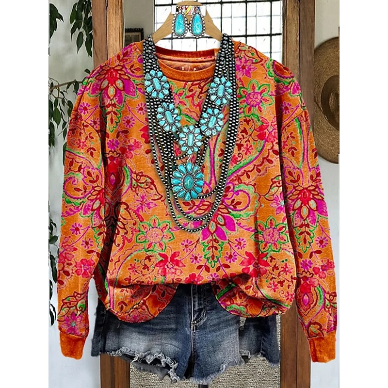 Women's Sweatshirts Graphic Paisley Casual Long Sleeve Crew Neck Regular Tops Street Dailywear Print Red Blue Orange Brown Fall Winter2