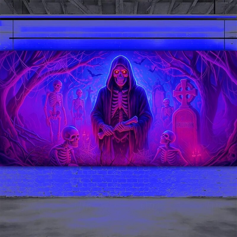 Halloween Garage Door Cover Neon Grim Reaper with Pumpkins Banner, Glowing Blacklight Backdrop Decoration for Holiday Outdoor Garage Door and Home Wall, 2025 Halloween Decorations