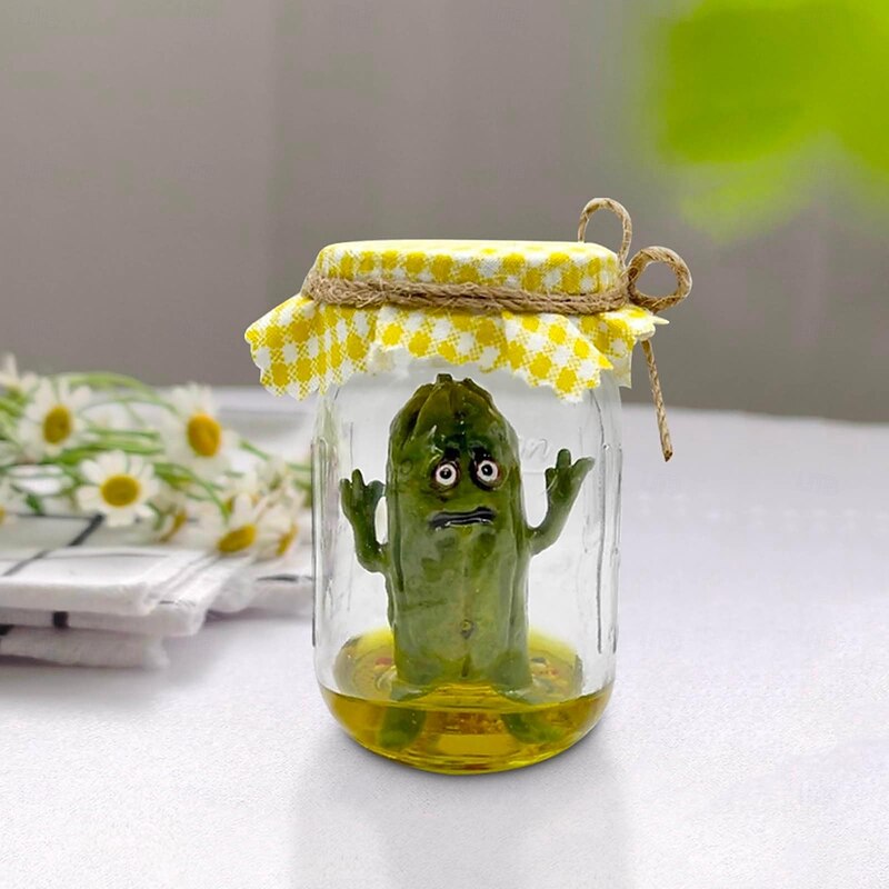 Grumpy Pickle in a Jar Sculpture,Funny Emotional Pickled Cucumber Decoration,Creative Indoor Tabletop Decor,A Pickle with Emotions Ornament,Vegetable Decorations with Ideas2