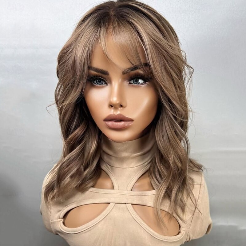 Brazilian Remy Human Hair 5x5 Closure Glueless Wigs 13x4 Lace Front Wig With Bangs Highlighted Wavy Ash Blonde Brown Human Hair Wigs 150% 180% Density with Baby Hair2