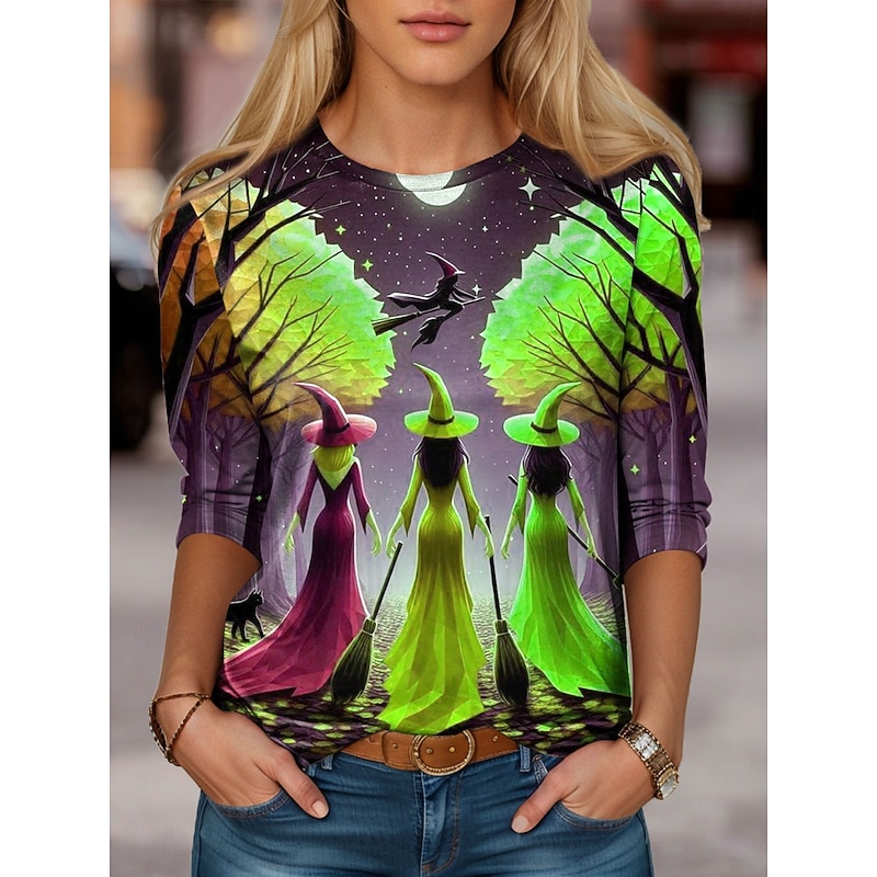 Halloween Women's T shirt Witch Long Sleeve Crew Neck Long Sleeve Tunic Graphic Abstract Vintage Stylish Classic Round Neck Regular Tops Daily Print Purple Orange Green Fall Prefall3