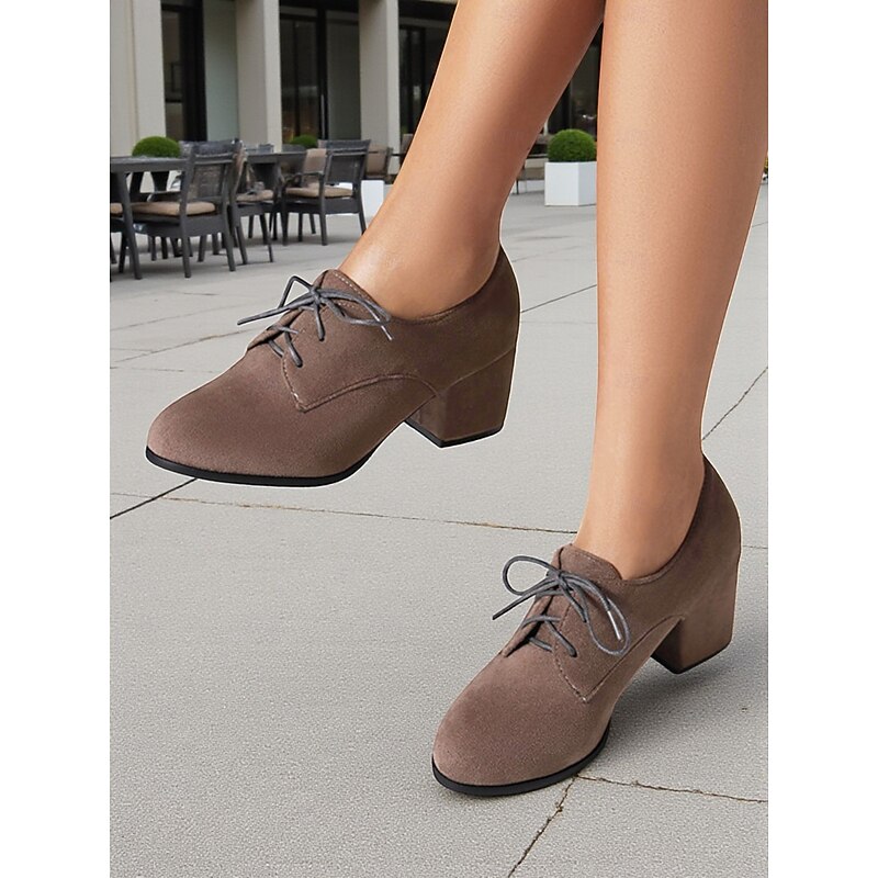 Women's Brown Suede Oxford Heels - Comfortable Walking Lace-Up Vintage Style Shoes for Autumn Winter Outfits, Office, and Daily Wear
