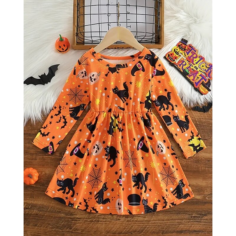 Halloween Girls' 3D Cat Bat Dress Long Sleeve Summer Spring Vacation Daily Holiday Princess Beautiful Sweet Kids 4-12 Years Casual Dress A Line Dress Knee-length Regular Fit