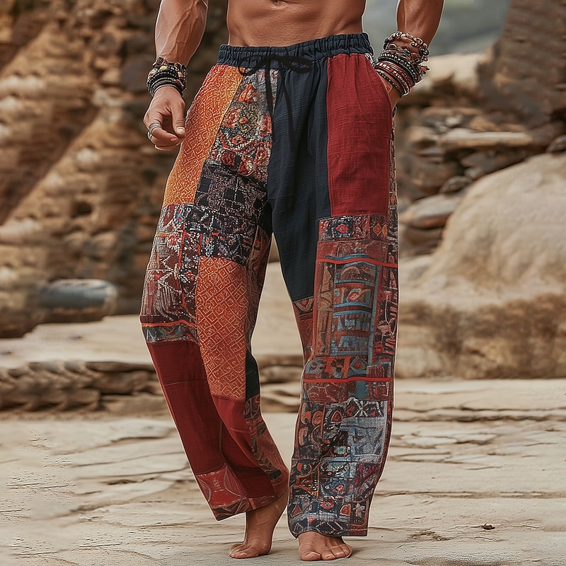 Men's Color Block Patchwork Trousers Baggy Pants Casual Pants Mid Waist Vintage Retro Outdoor Vacation Elastic Drawstring Waist Linen-Like Pants with Pockets Summer Spring 3D Print Black / Red
