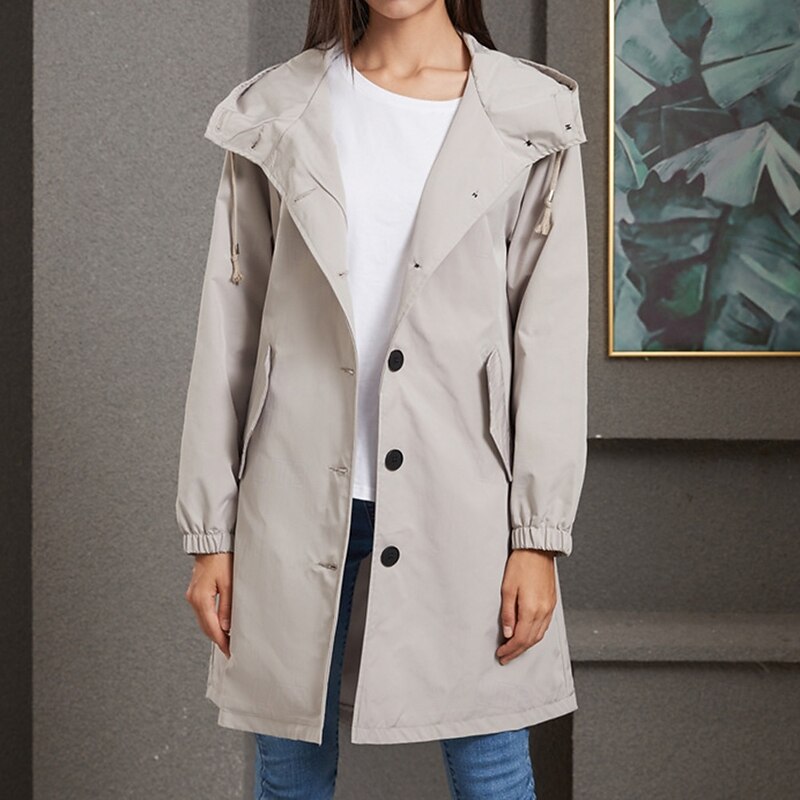 Women's Coat Waterproof Comfortable Pocket Buttons Fashion Street Style Plain Outdoor Casual Daily Long Hooded Regular Fit Long Sleeve Outerwear Black Red Khaki Fall Winter2