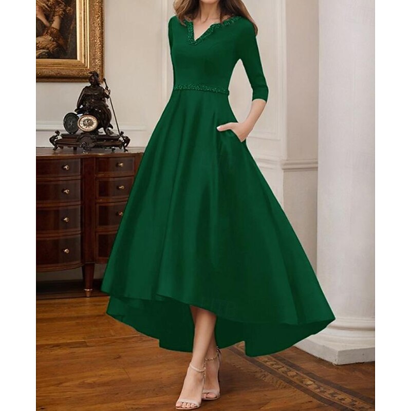 A-Line Cocktail Dresses Elegant Dress Formal Wedding Tea Length High-low Dress Half Sleeve V Neck Stretch Satin with Beading Pocket