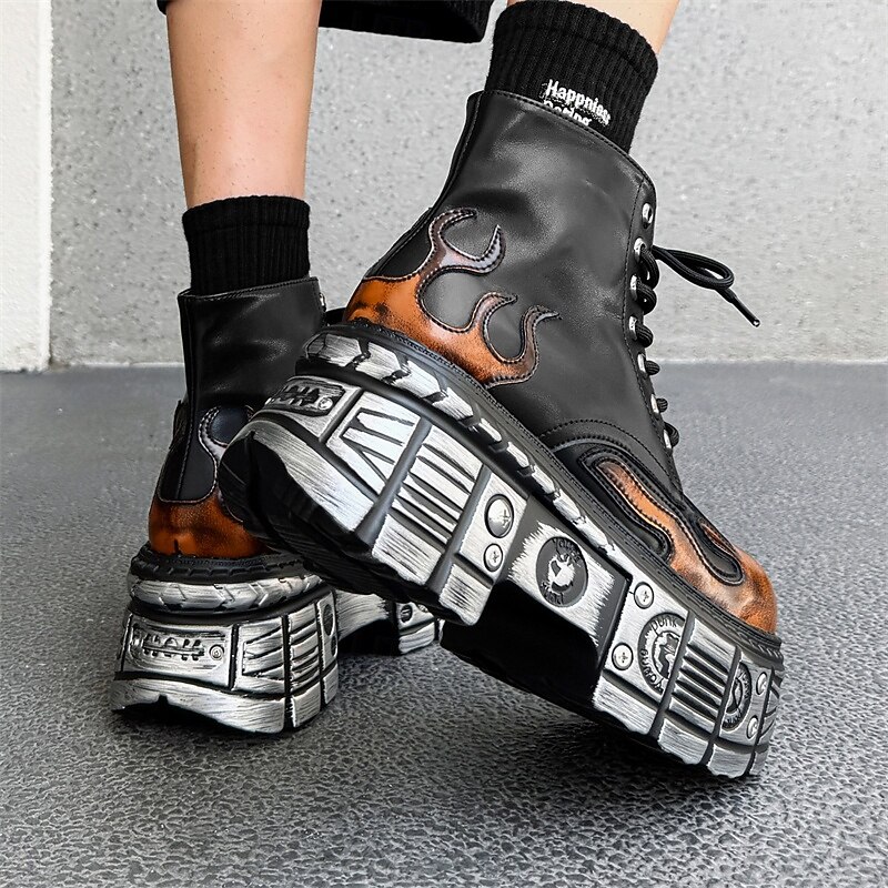 Men's Gothic Flame Platform Combat Boots – Steampunk Chunky Sole Lace-Up Ankle Boots for Punk Rock Parties & Cosplay4