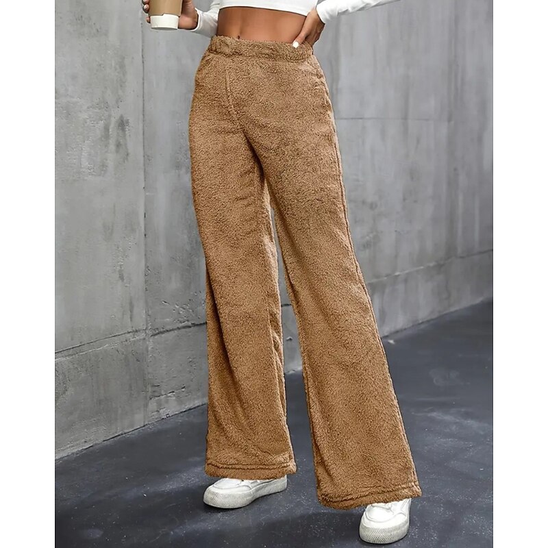 Women's Fleece Pants Wide Leg Slacks Streetwear Casual Full Length Natural Plain Elastic Waist Comfortable Holiday Going out Weekend Grey Black White Khaki Fall Regular Fit4