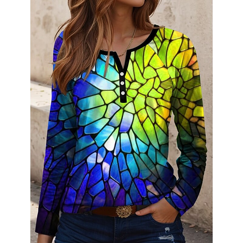 Women's T Shirt Geometric Vintage Stylish Casual Long Sleeve Crew Neck Regular Tops Daily Print Yellow Blue Orange Green Spring Fall4