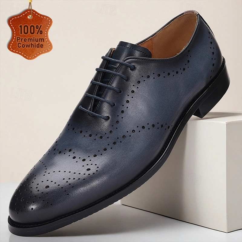 Men's Navy Blue Genuine Cowhide Oxford Dress Shoes Classic Brogue Detailing for Formal Business Events and Wedding Occasions